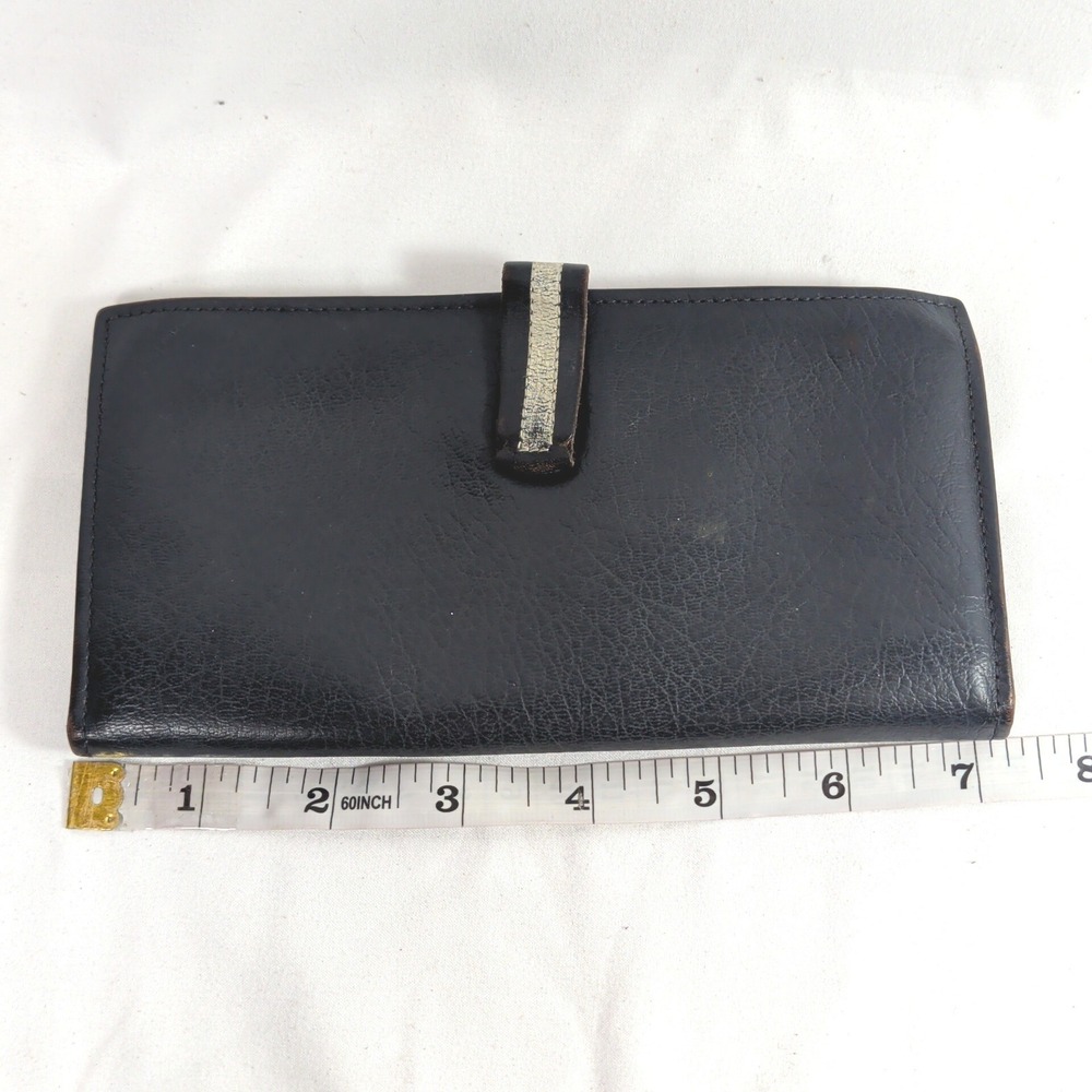Vintage Black Leather Wallet; Kiss Lock Trifold Organizer